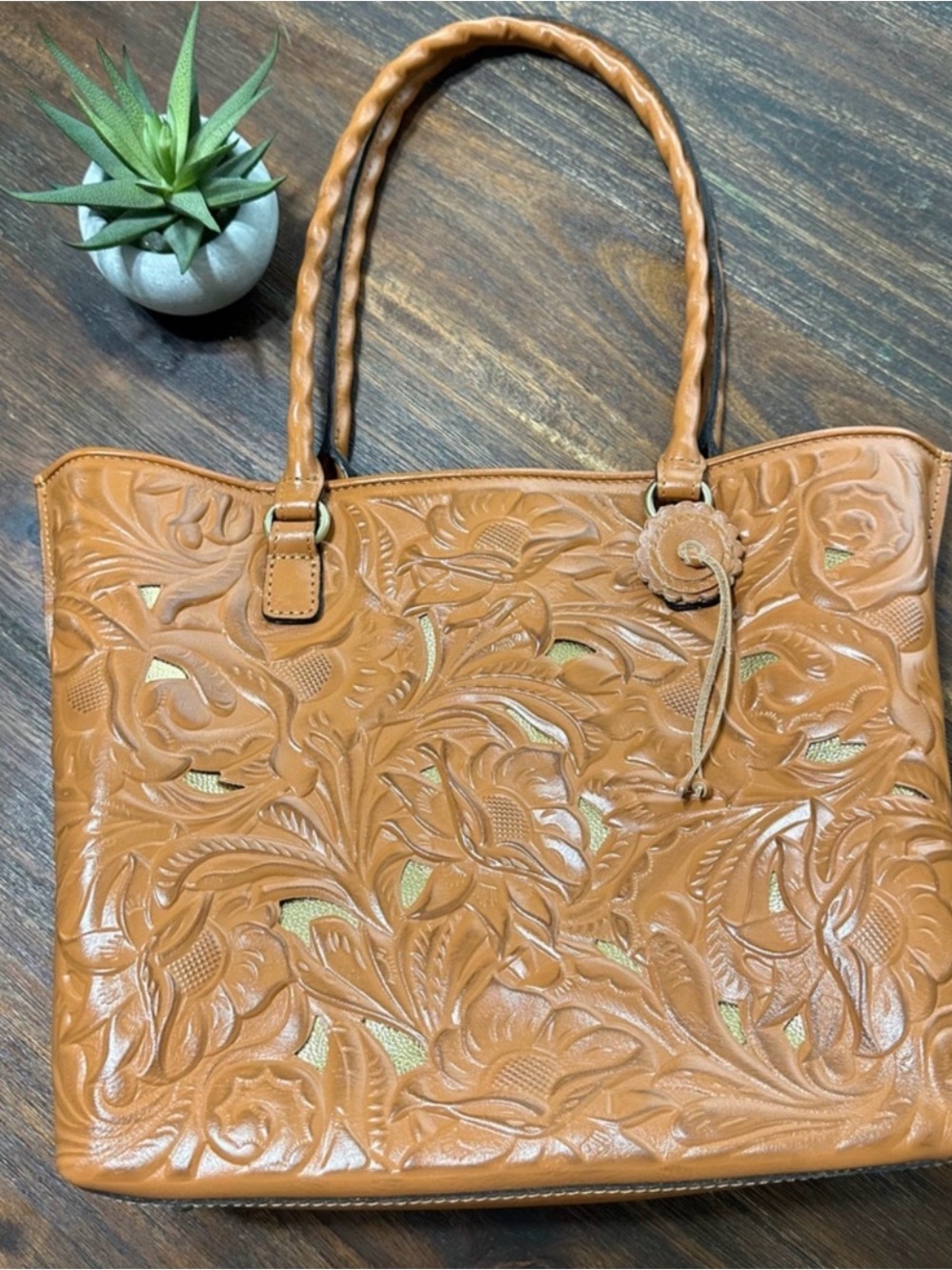 Patricia Nash Tooled Leather Cutout Cognac tan brown Adeline Satchel Tote